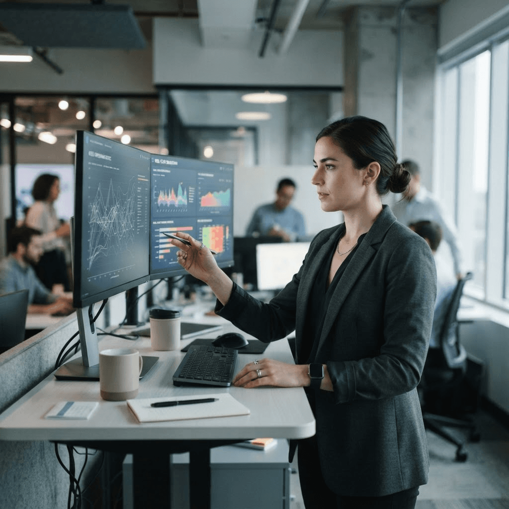 A data scientist reviewing model performance charts and a risk-score breakdown across two monitors