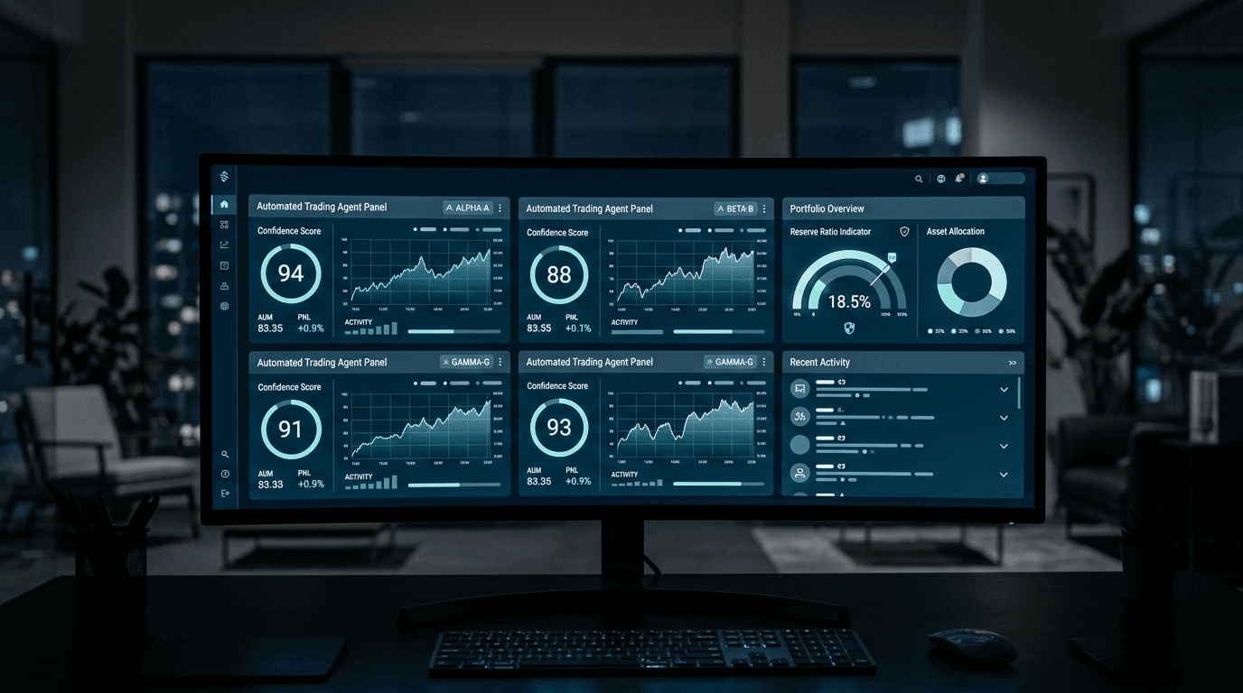 A fintech dashboard displaying multiple automated trading agent panels with charts and confidence scores