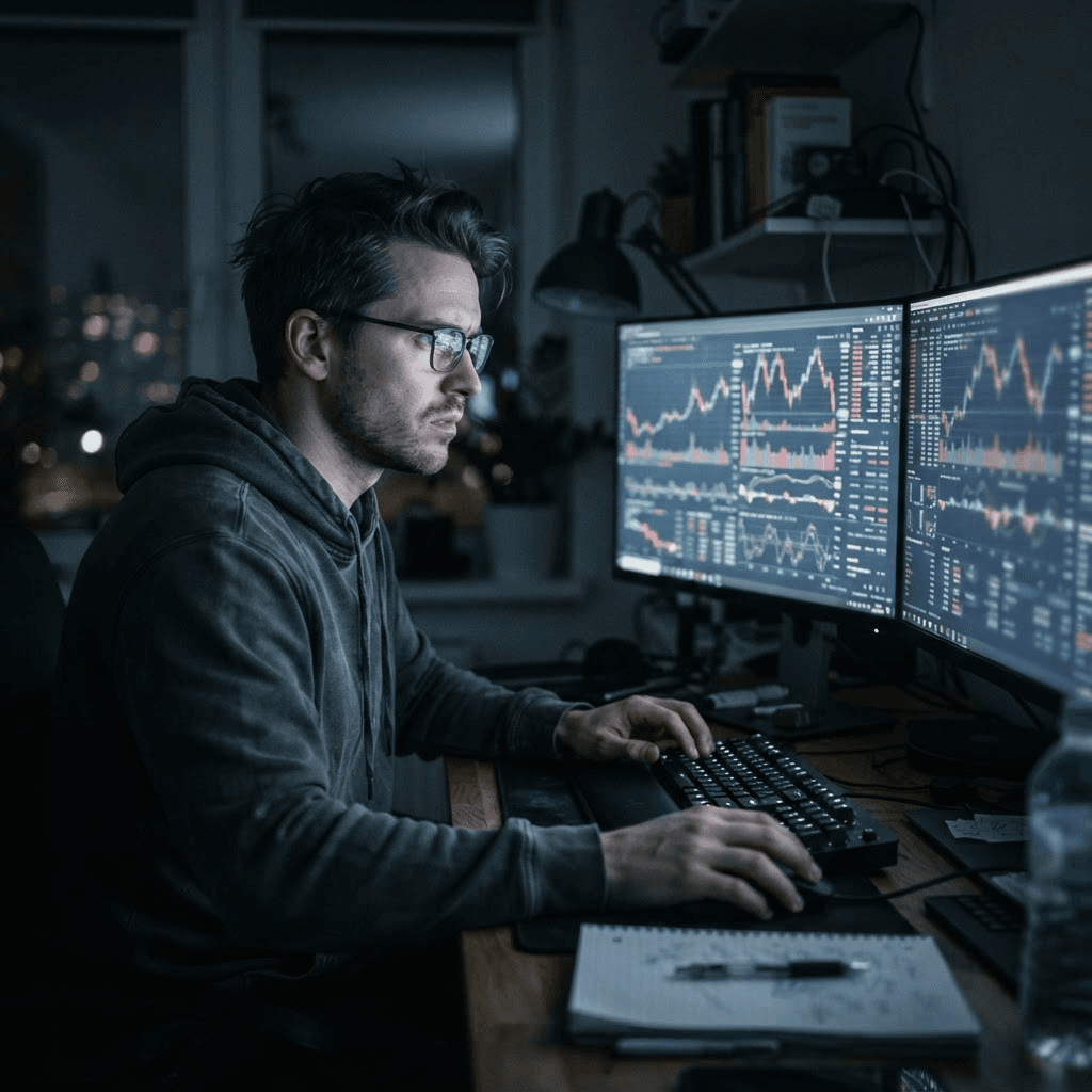 A trader viewing candlestick charts and portfolio data across two monitors at a home desk