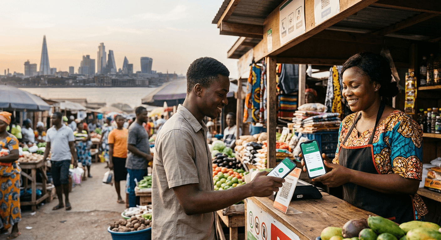 An African mobile-money ecosystem represented by a smartphone wallet and merchant payment