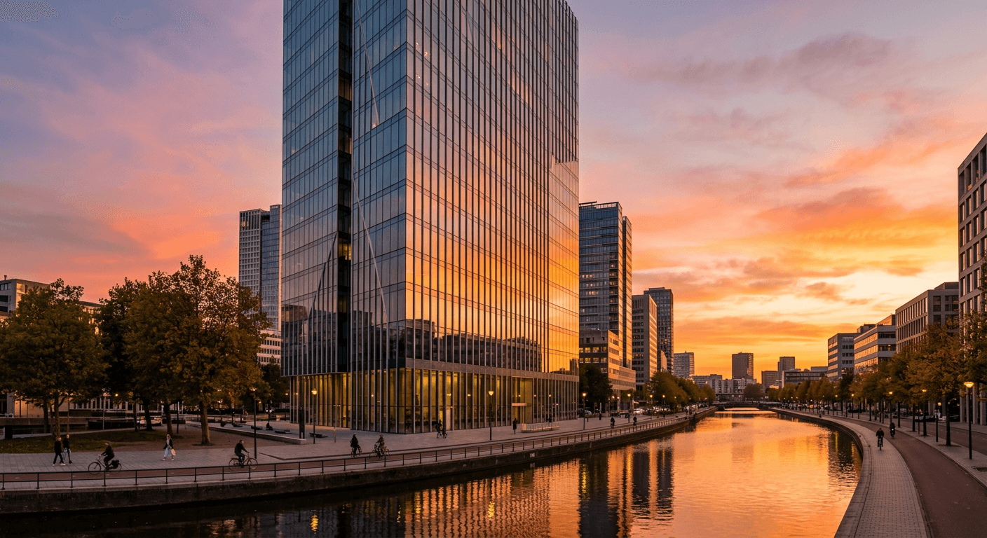 A modern glass office tower at sunset, representing a European bank headquarters