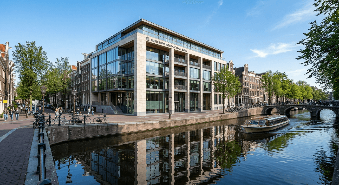 A modern bank headquarters building along an Amsterdam canal