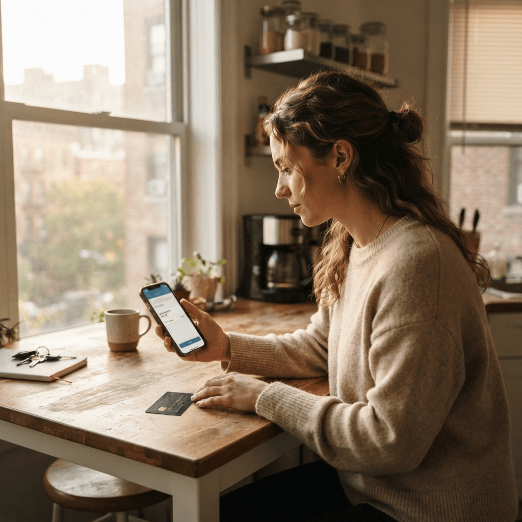 A renter paying rent on a smartphone at a kitchen counter with a credit card nearby