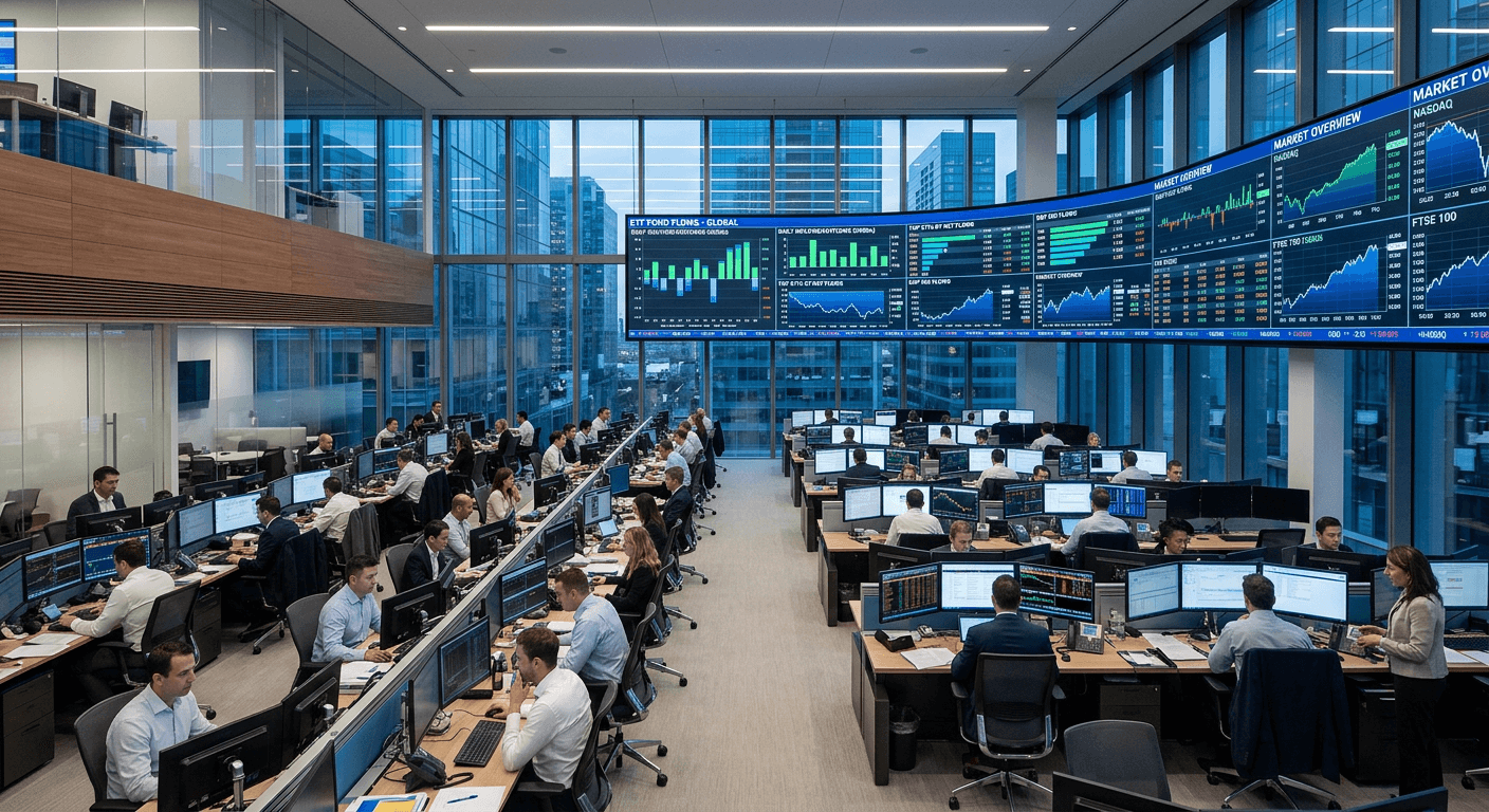 An institutional trading floor with screens displaying ETF fund flow charts