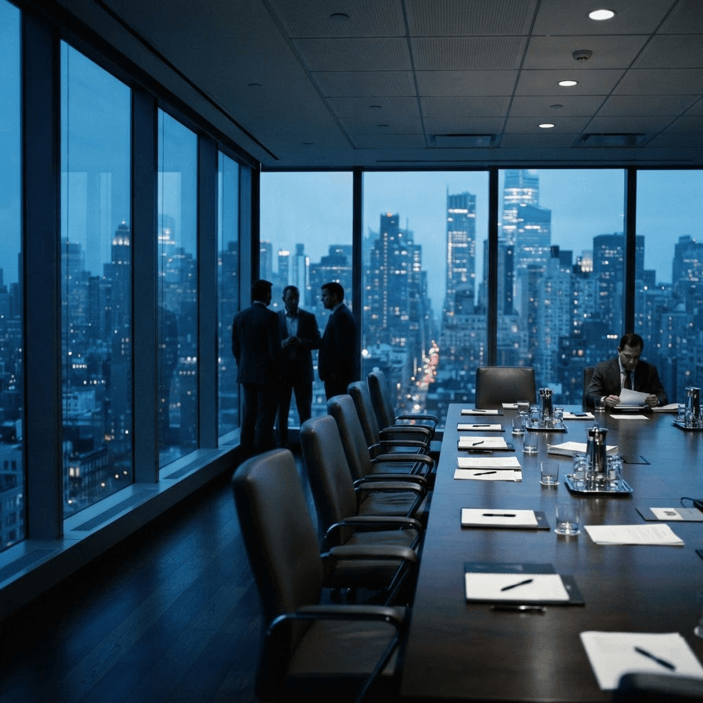 A high-rise corporate boardroom overlooking a financial-district skyline at dusk