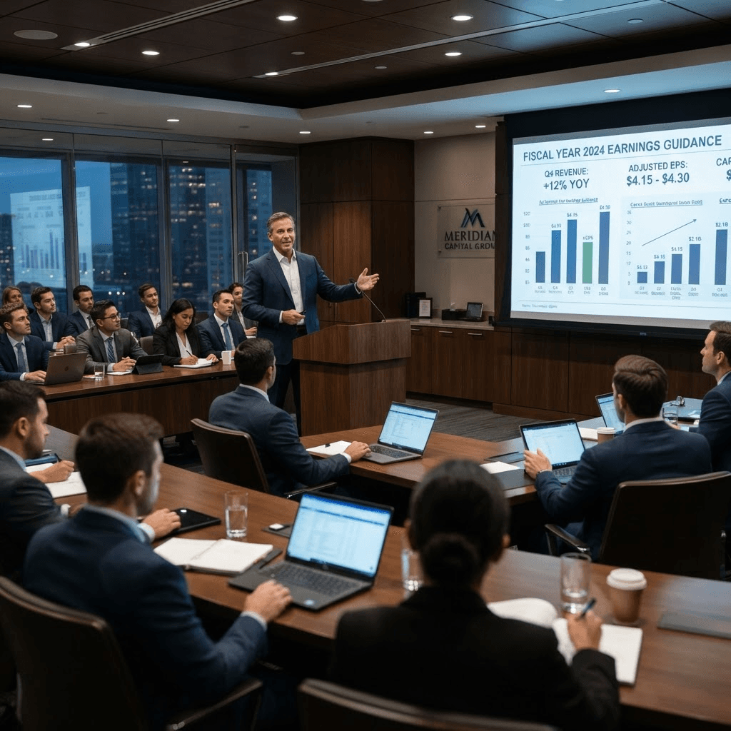 A financial services executive presenting earnings guidance slides to an audience of analysts