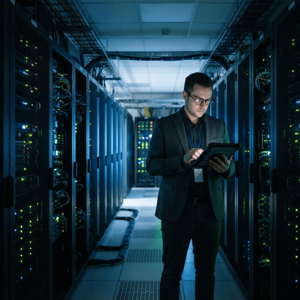 A technician reviewing a tablet inside a bank data center lined with server racks