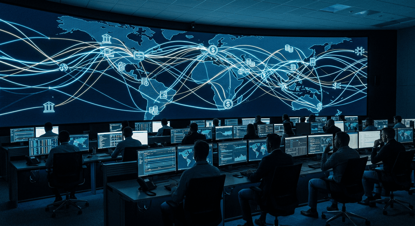 A bank technology operations center with digital payment network lines connecting institutions