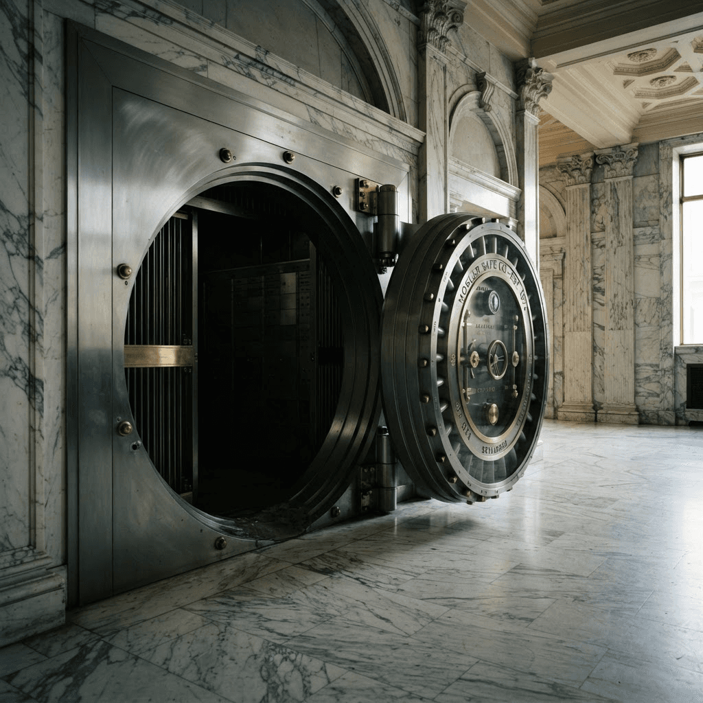 An open steel bank vault door in a marble lobby