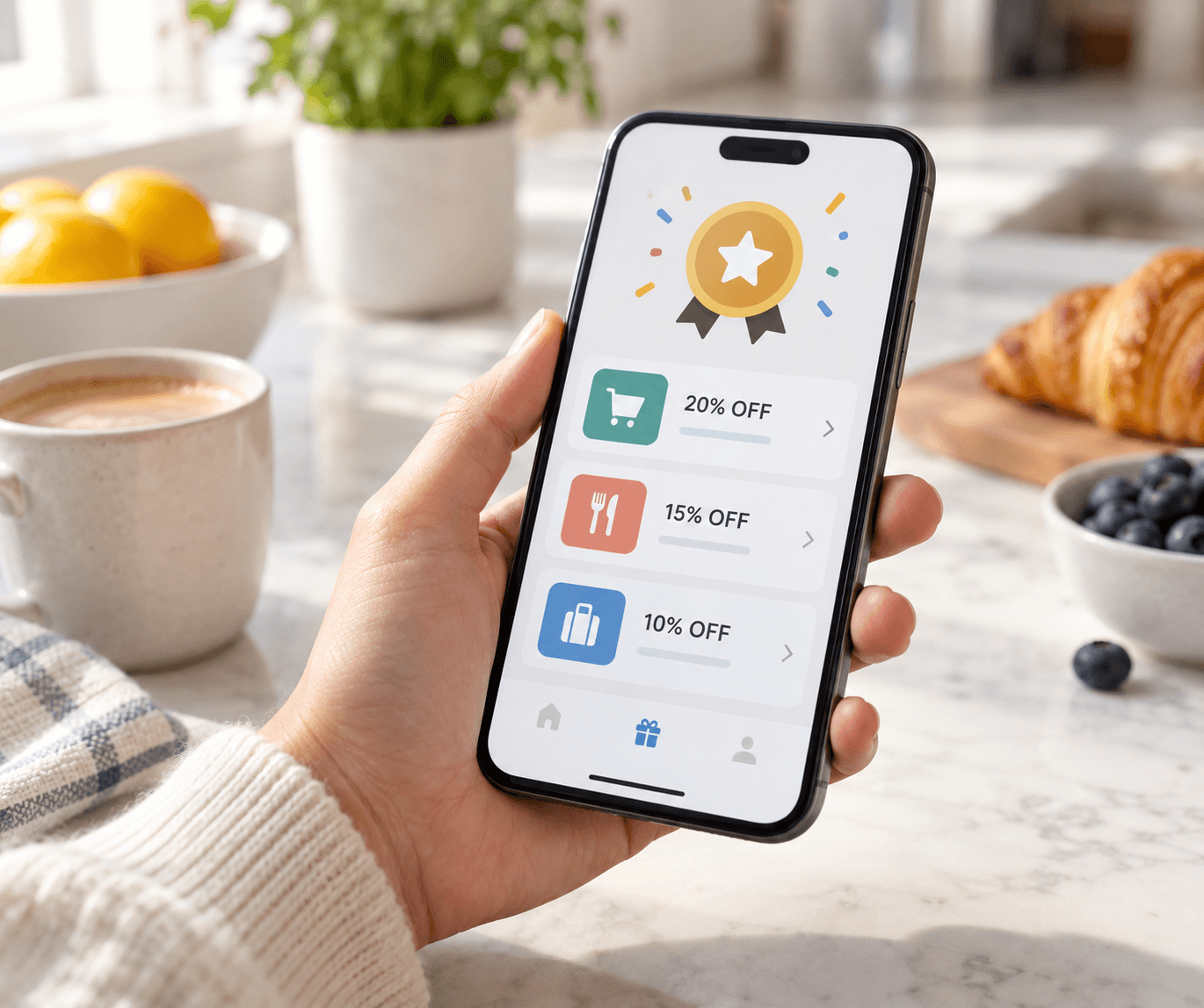 A person checking a banking rewards app on a smartphone at a kitchen counter