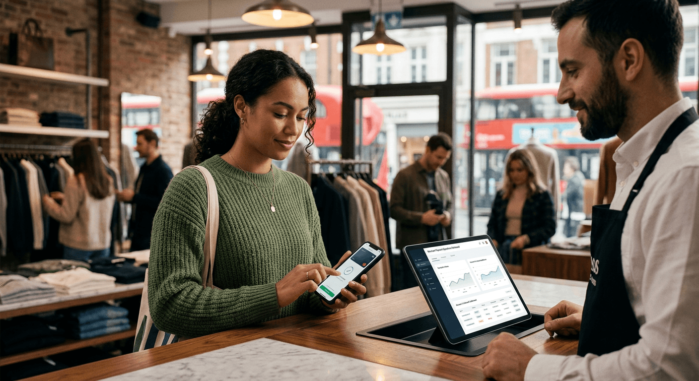 A UK shopper completing a pay by bank checkout with merchant settlement operations in the background