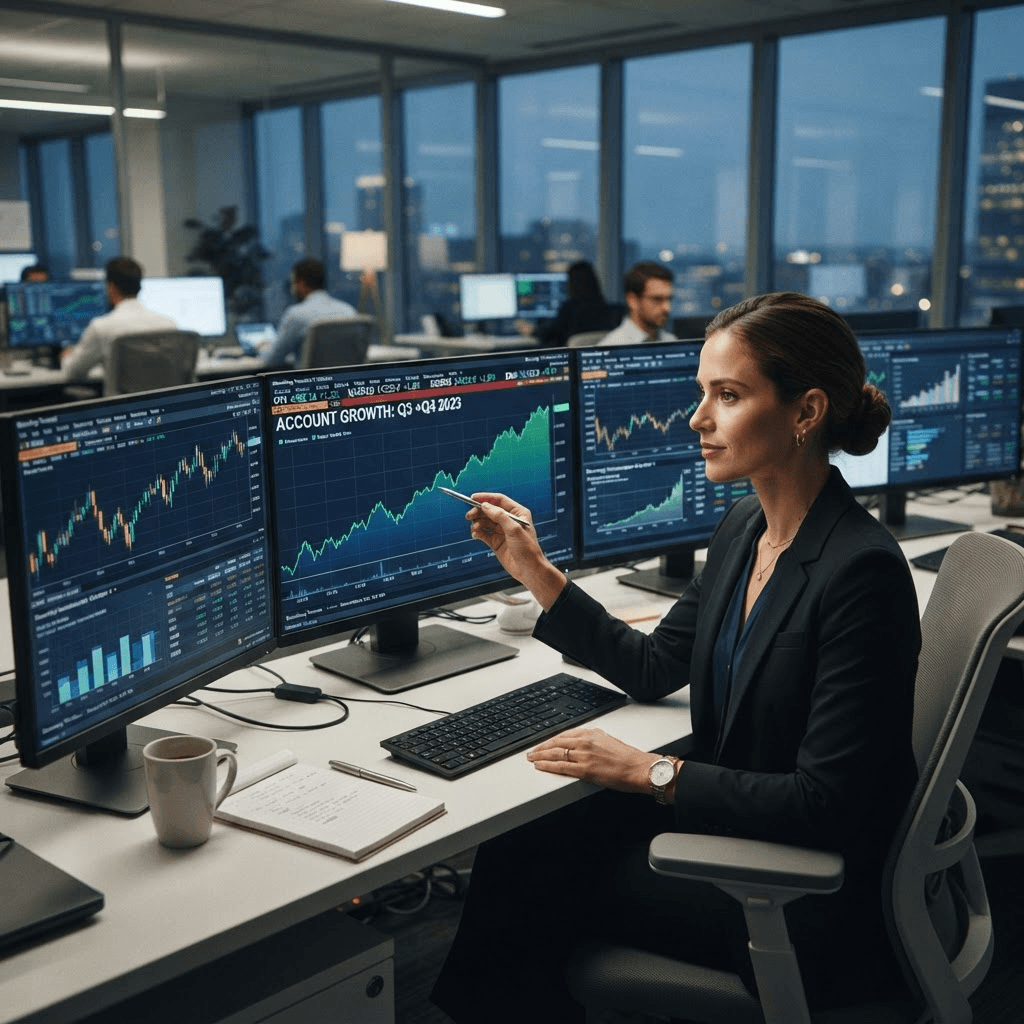A financial analyst reviewing an account growth chart across multiple monitors