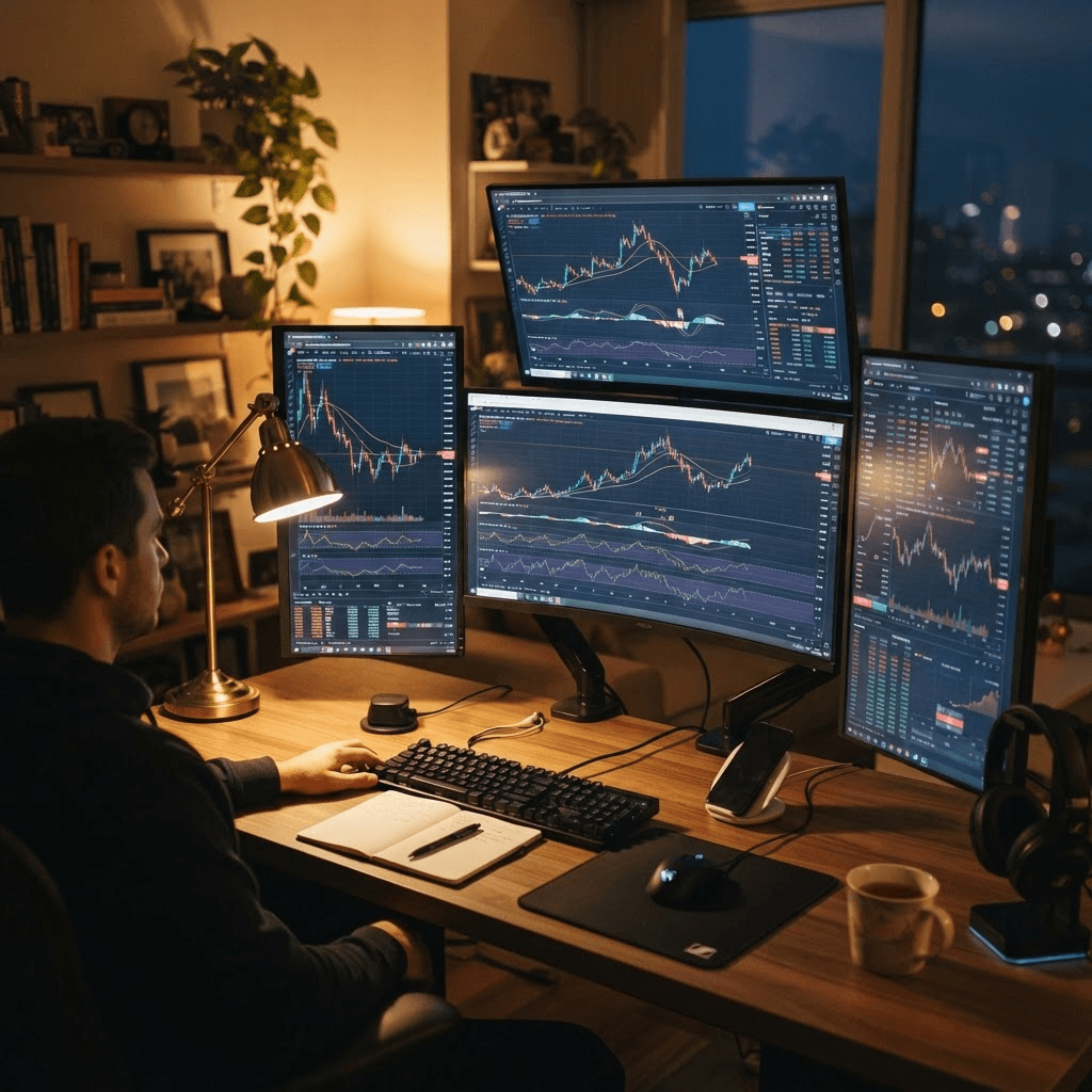 A home trading desk with multiple monitors displaying stock charts