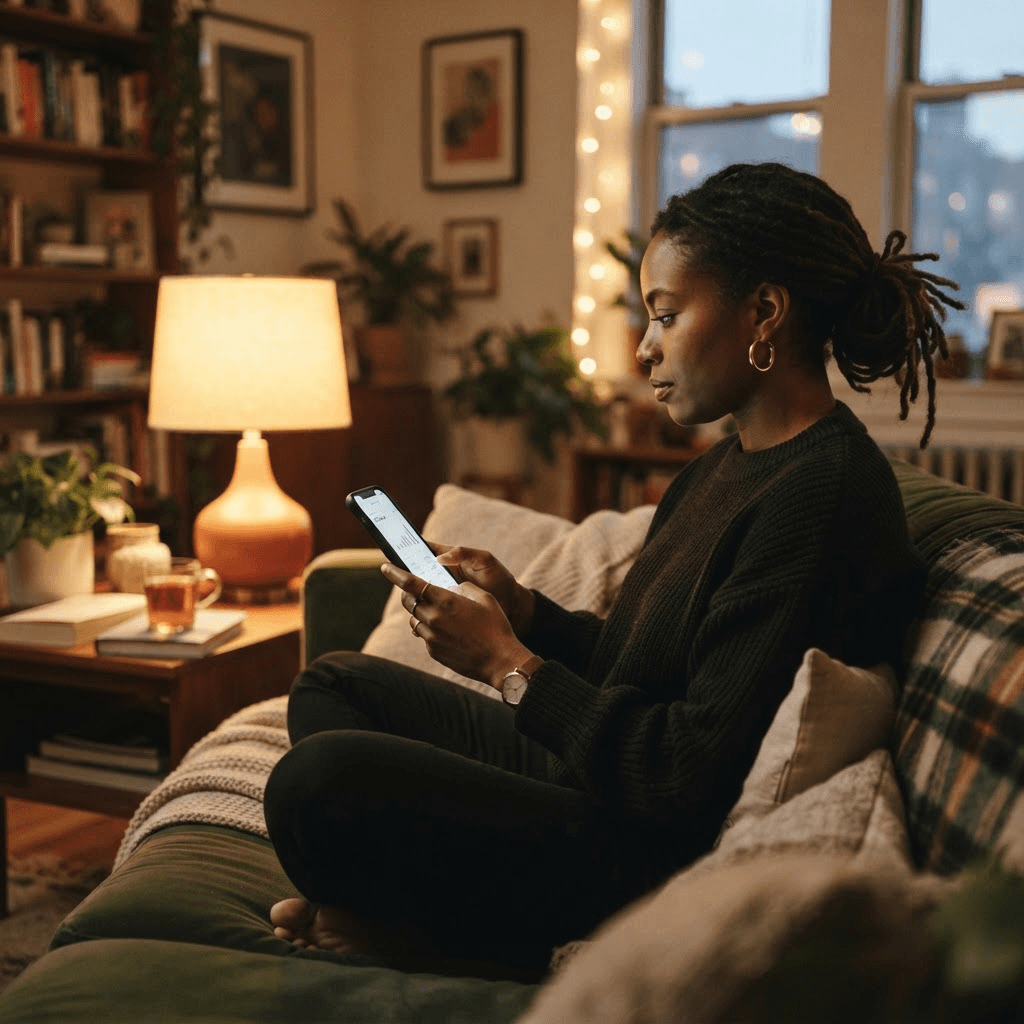 A young professional checking a budgeting app on their phone at home