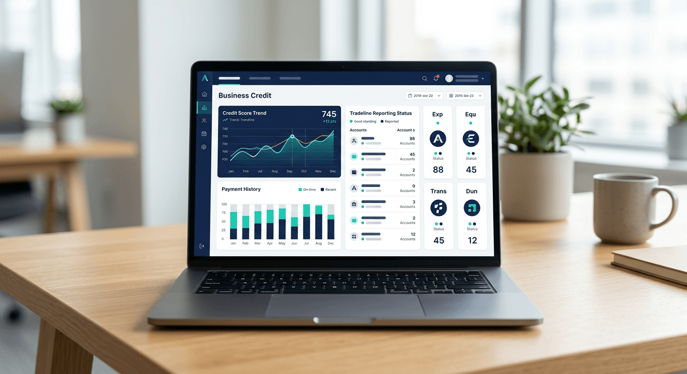 A business credit dashboard showing a company credit score trend and tradeline reporting status