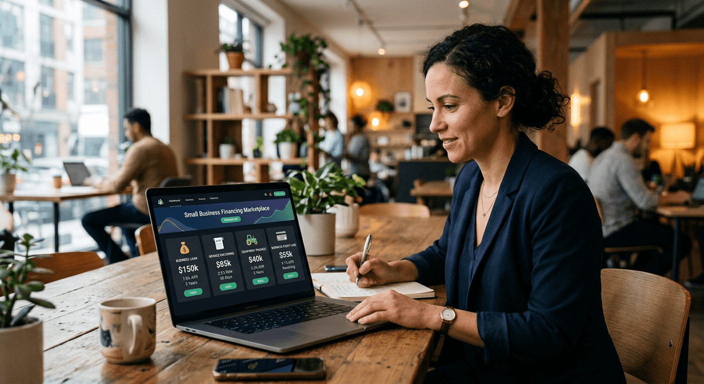 A business owner reviewing several financing offers on a laptop marketplace dashboard