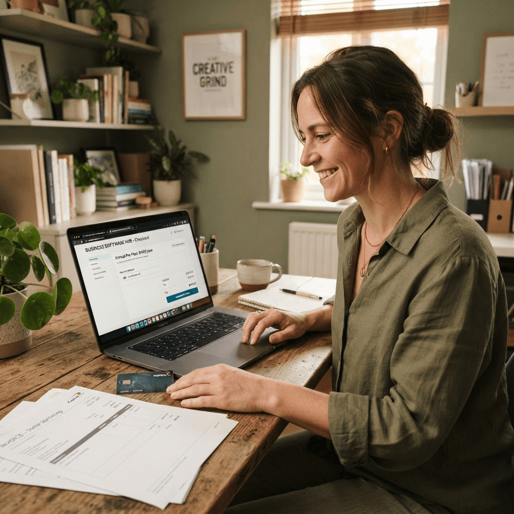 A small business owner reviewing an online marketplace checkout page on a laptop
