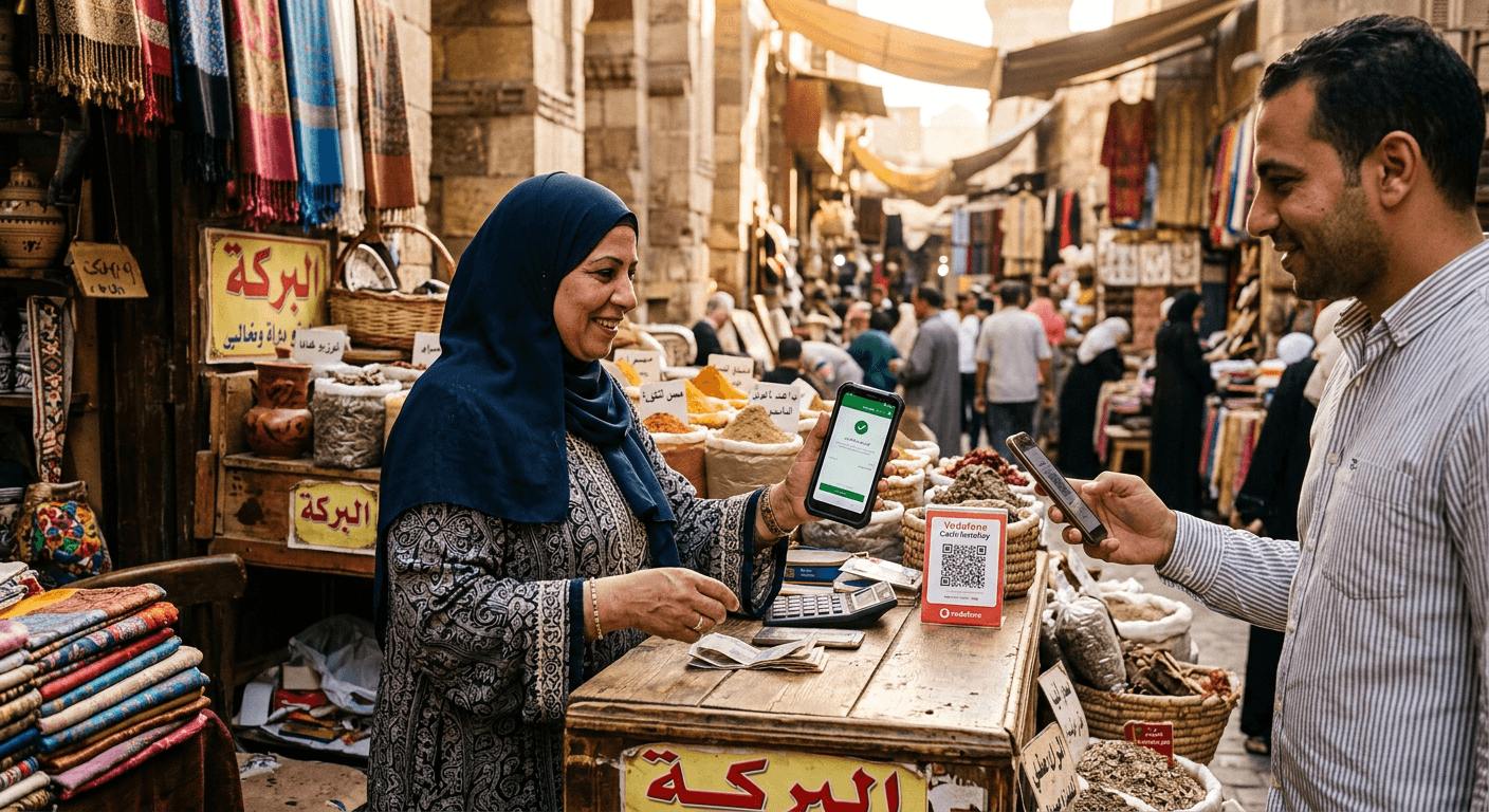 A shop owner in Cairo using a mobile phone to accept a digital payment at a market stall