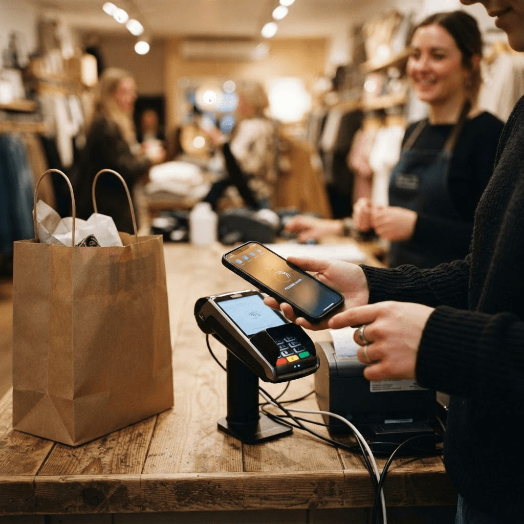 A shopper completing a payment on a smartphone at a retail checkout counter
