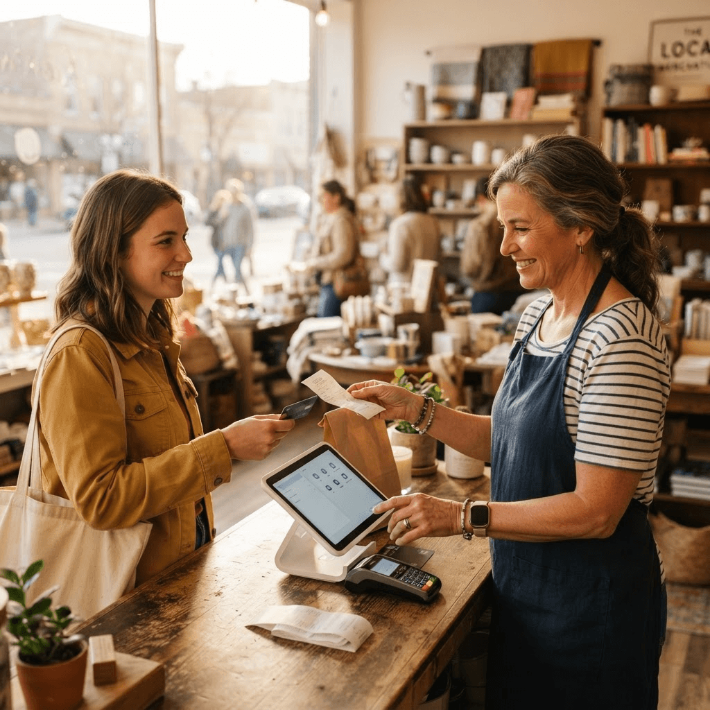 A shop owner ringing up a customer on a countertop point-of-sale terminal