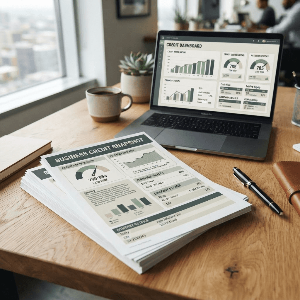 Business credit report printouts stacked on a desk next to a laptop showing a credit dashboard