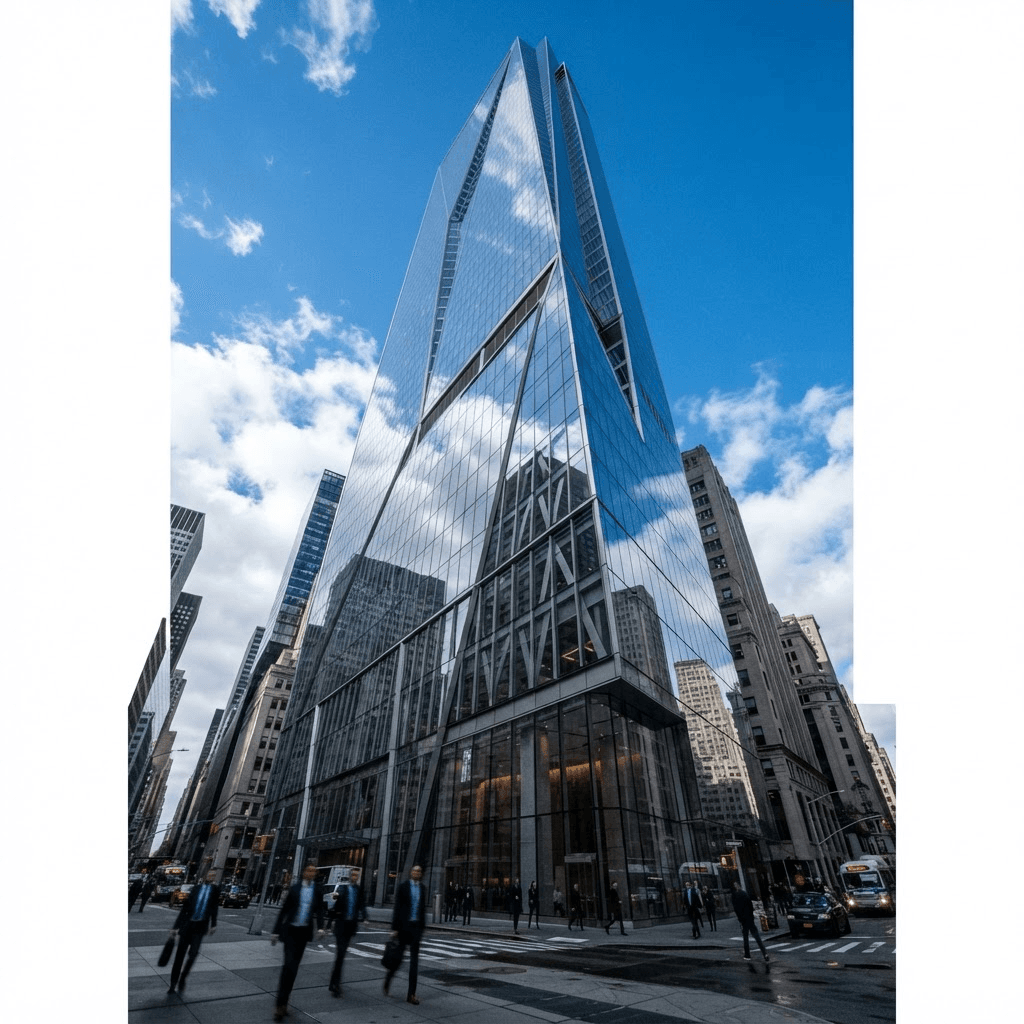 A modern corporate office tower exterior with a reflective glass facade