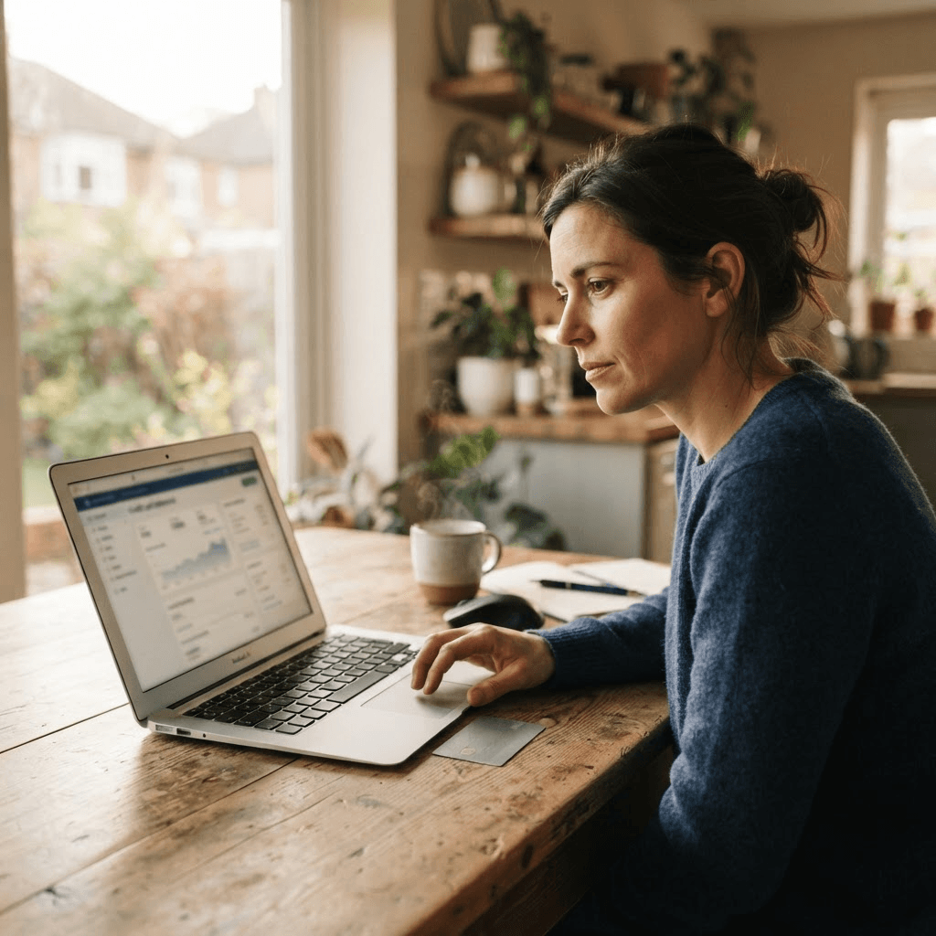 A person reviewing a credit card statement on a laptop at a kitchen table