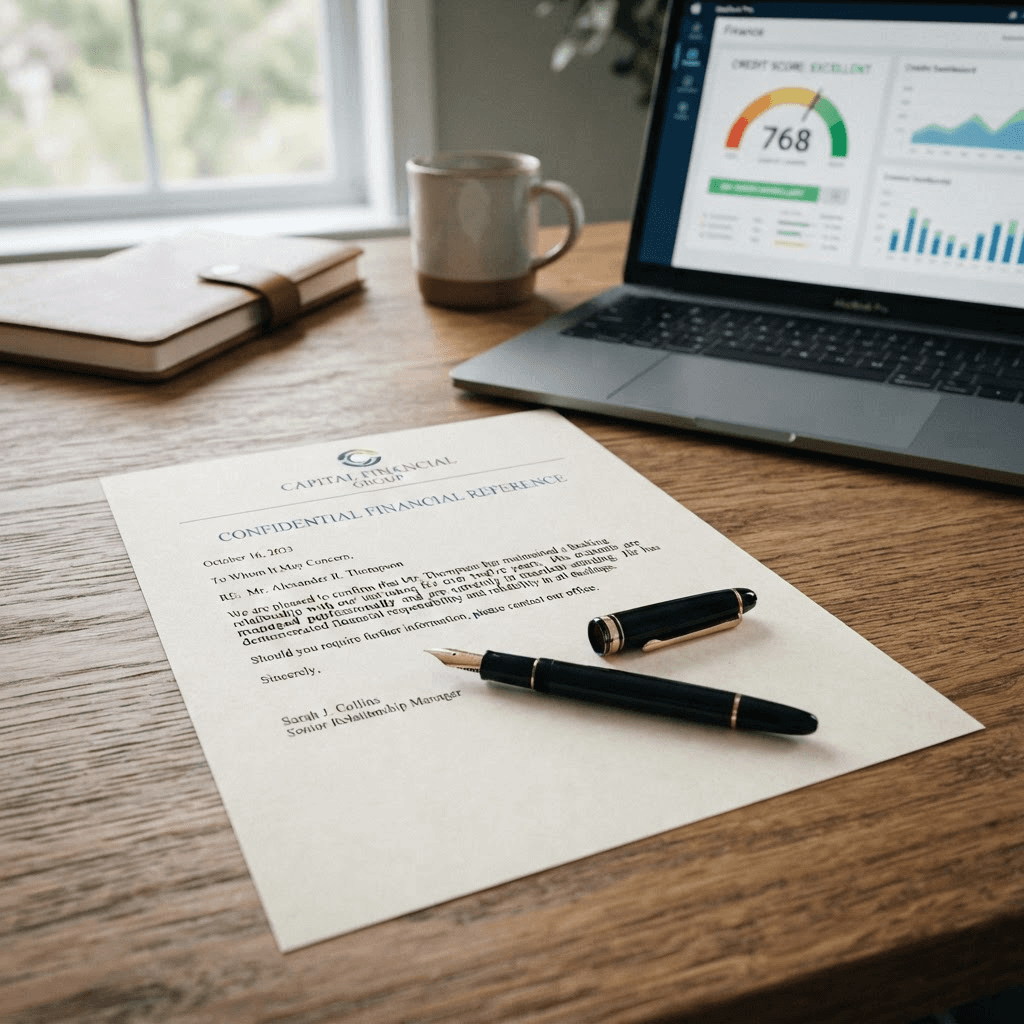 A formal reference letter document on a desk with a pen resting on top