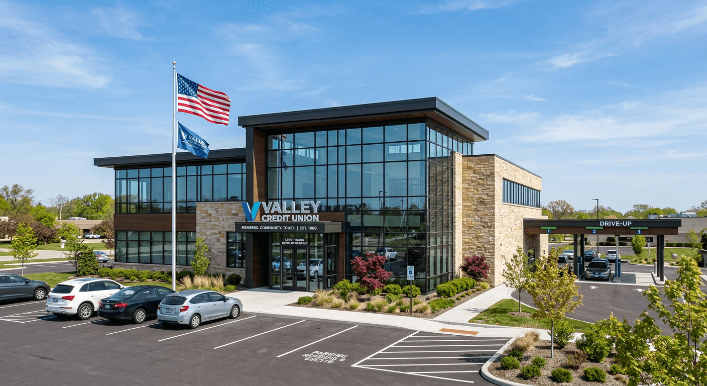 The exterior of a credit union branch building on a sunny day