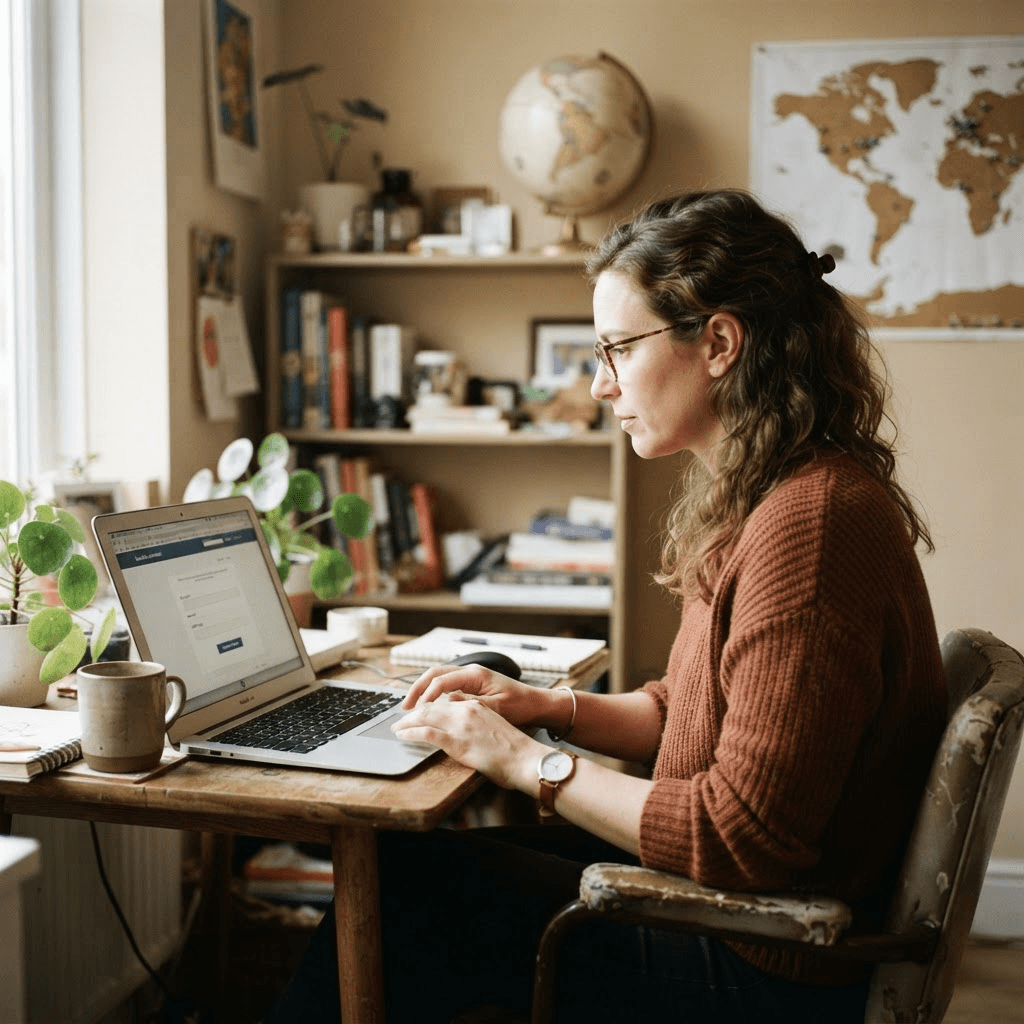 A freelancer sending an international money transfer on a laptop at a home desk