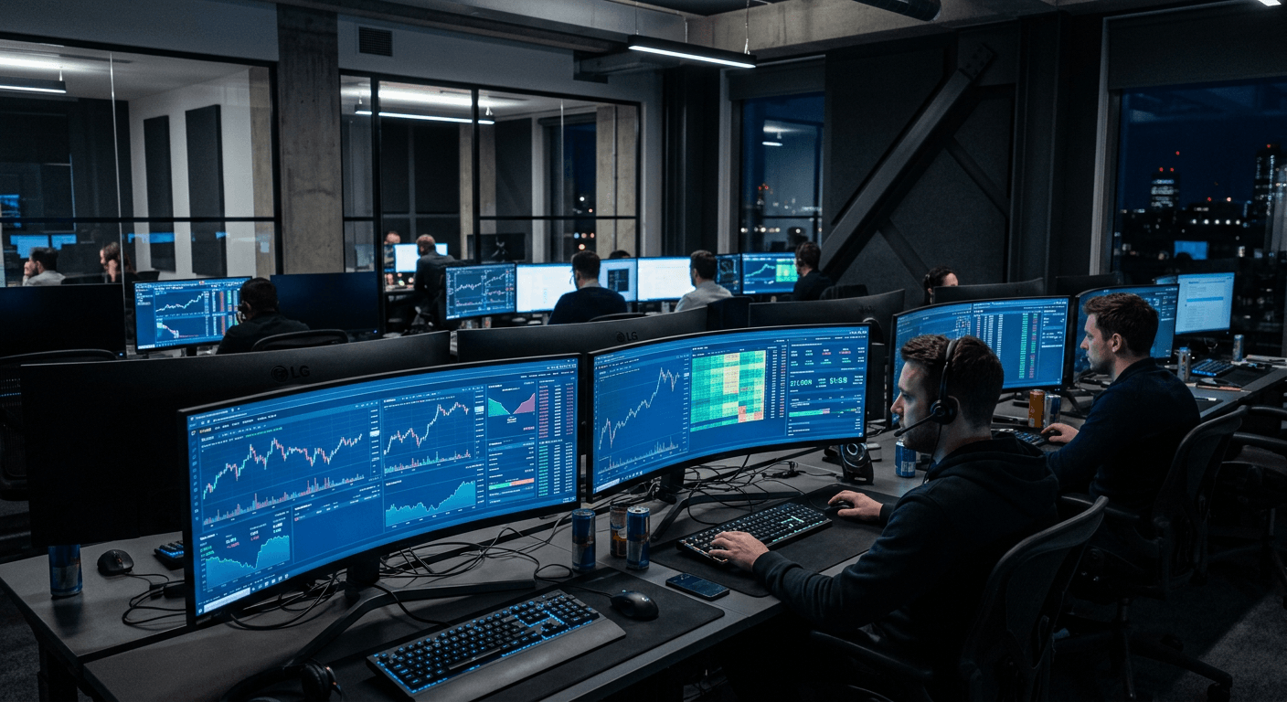 A trading operations room with monitors displaying cryptocurrency settlement data