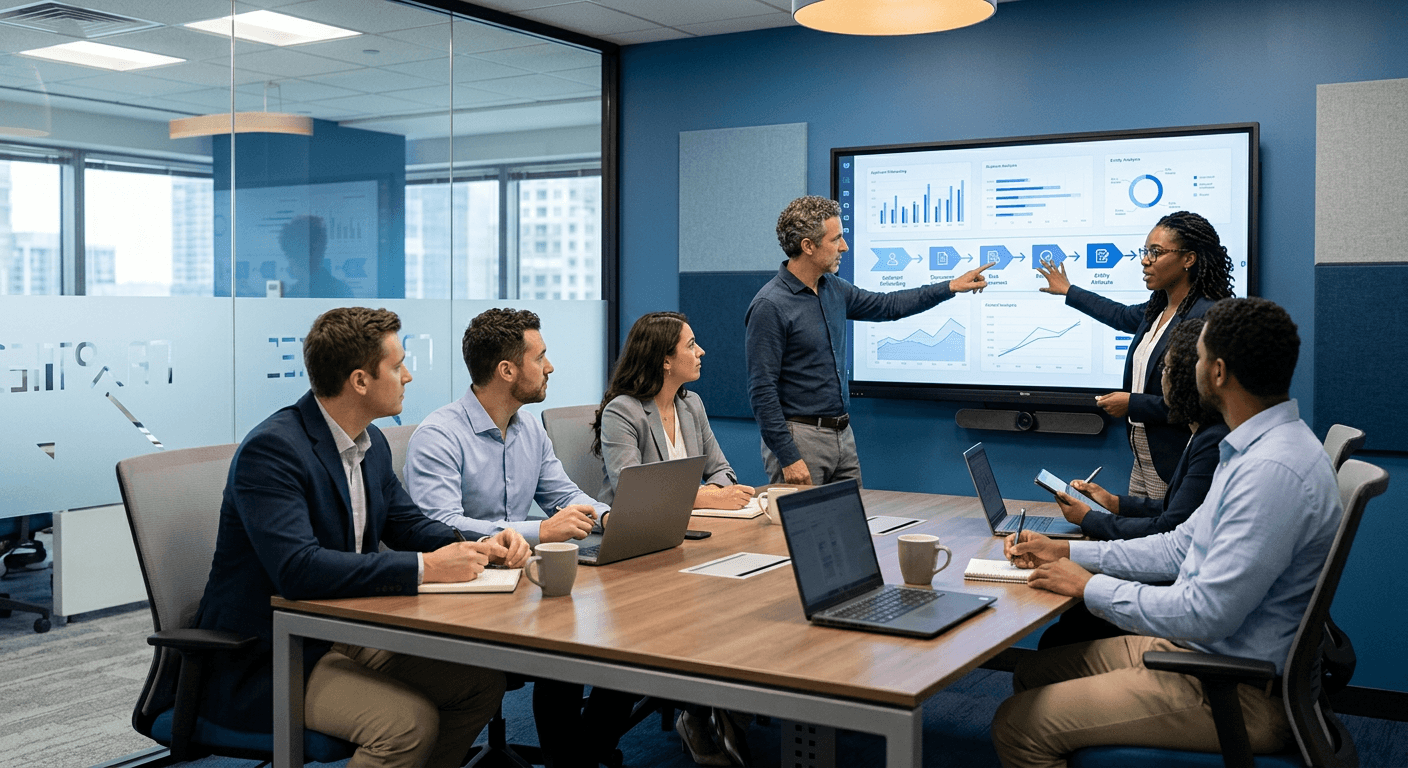 A community bank technology team reviewing an AI-powered commercial deposit onboarding workflow