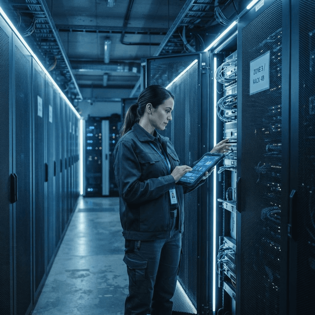 A technician reviewing a tablet near reinforced server cabinets in a secure data vault
