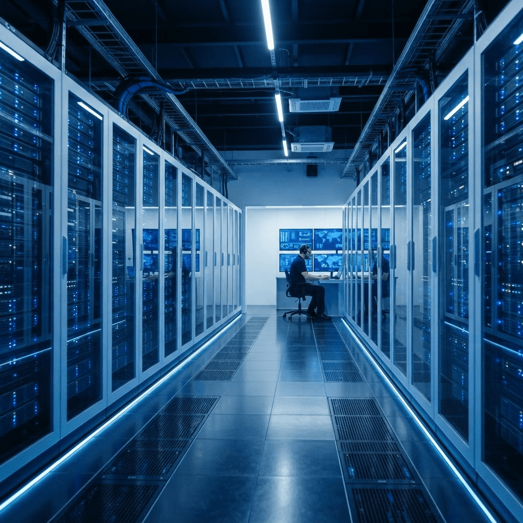 Rows of illuminated server racks in a data center