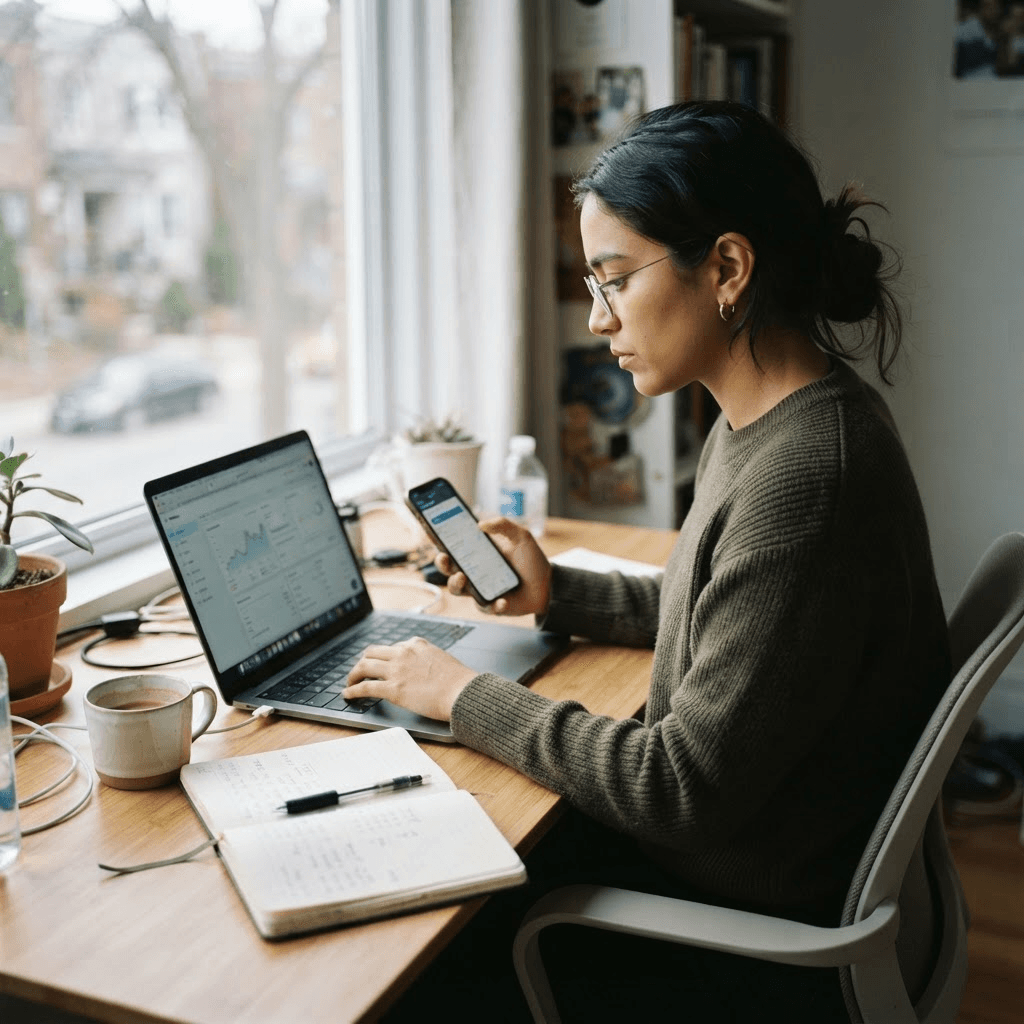 A young professional managing personal finances on a laptop at a home desk