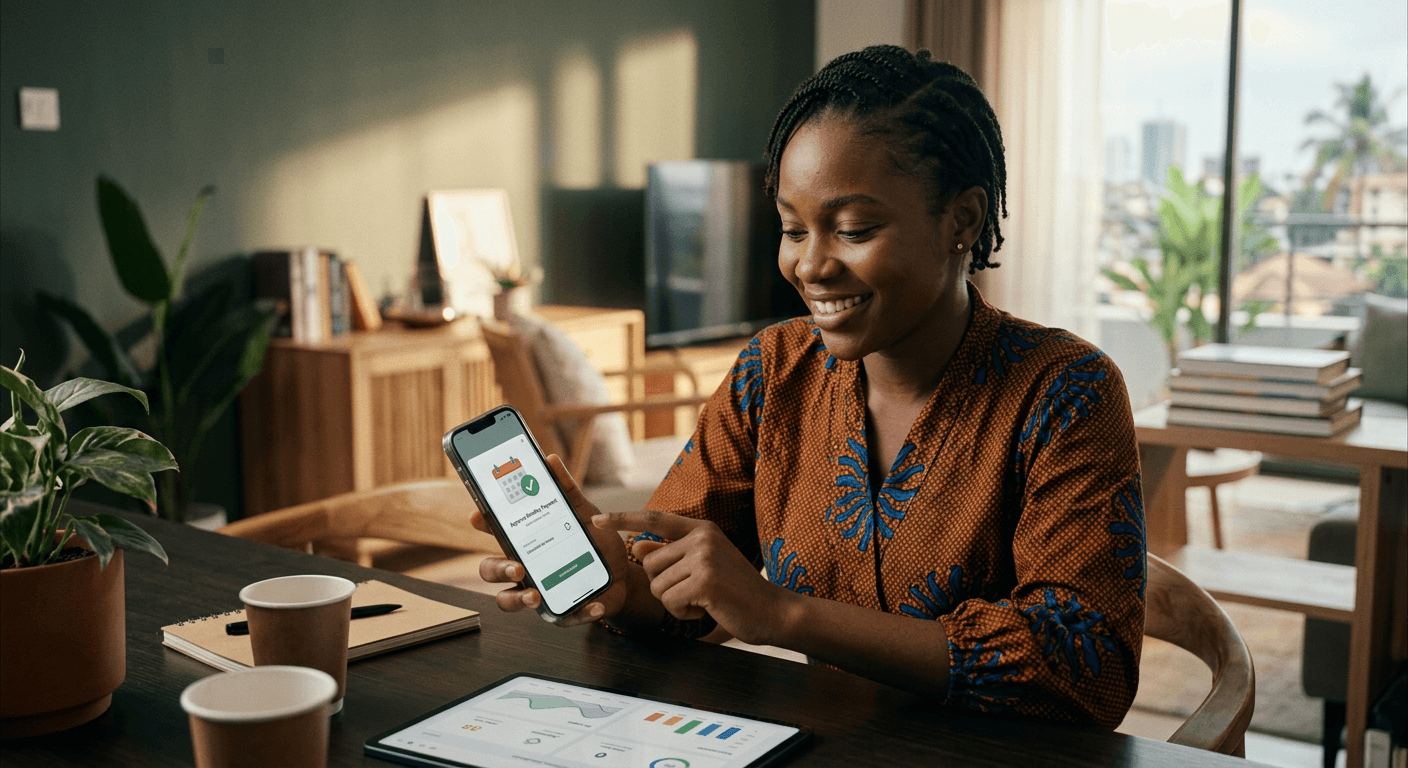 A Nigerian consumer authorizing a recurring digital-wallet payment on a smartphone