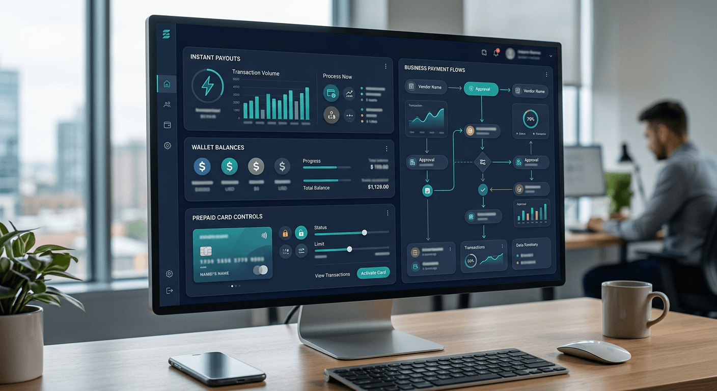 An embedded finance dashboard showing instant payouts, wallets and card controls