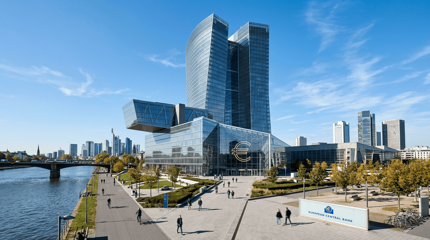 The exterior of a modern European central bank headquarters building
