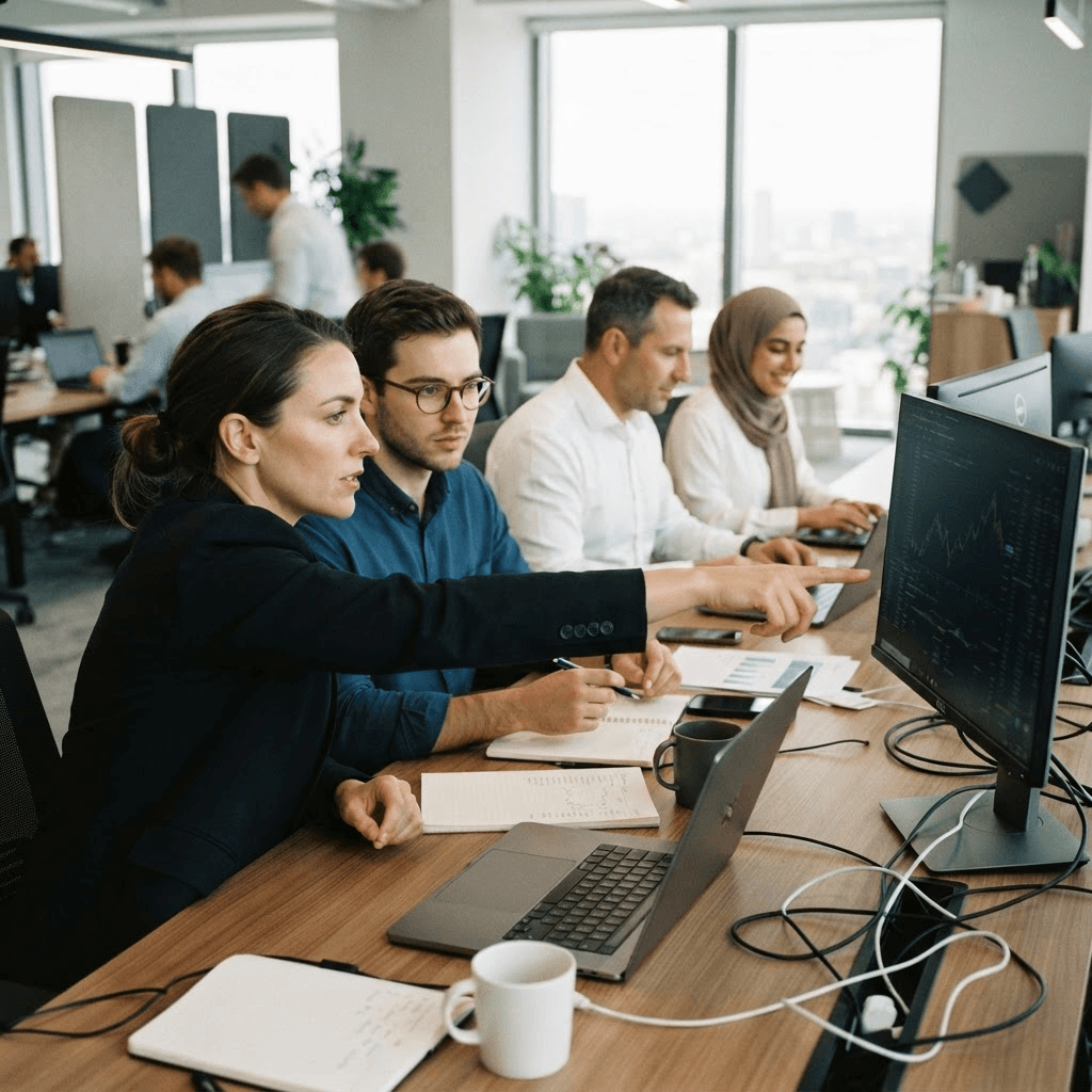 A corporate finance team working together at a shared desk in a modern office