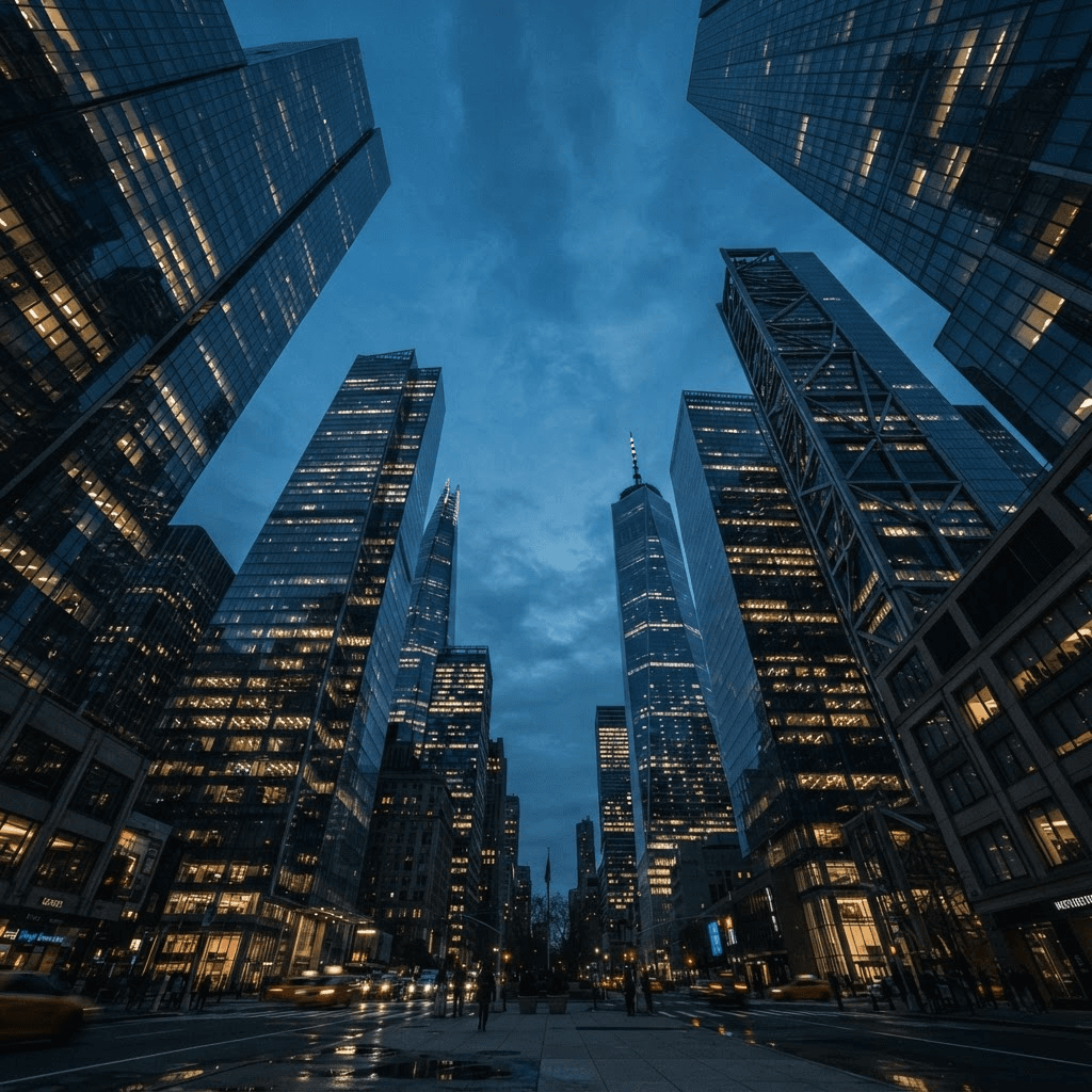 Financial district skyscrapers photographed from below at dusk