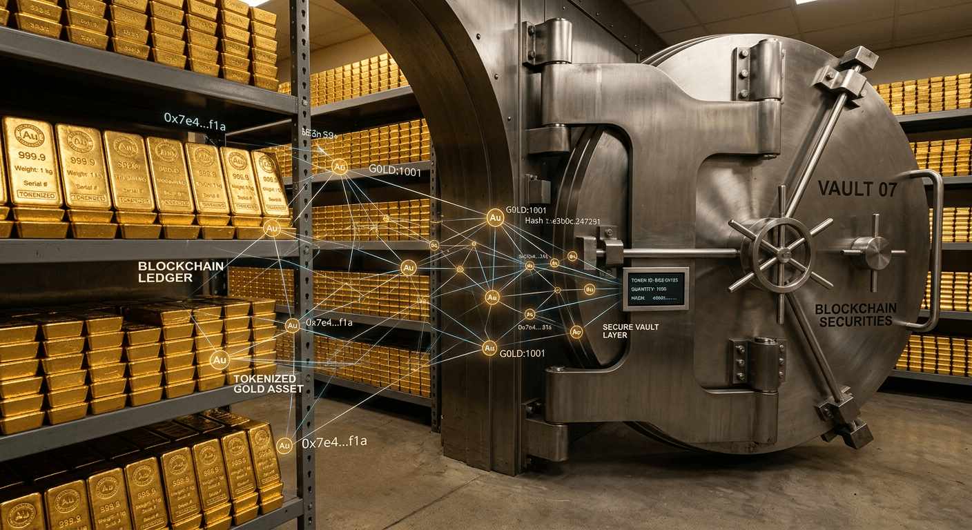 A secure gold bullion vault suggesting tokenized gold-backed digital assets