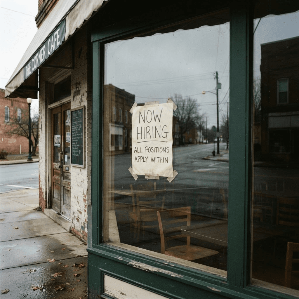 A faded now hiring sign taped inside the window of a small business storefront