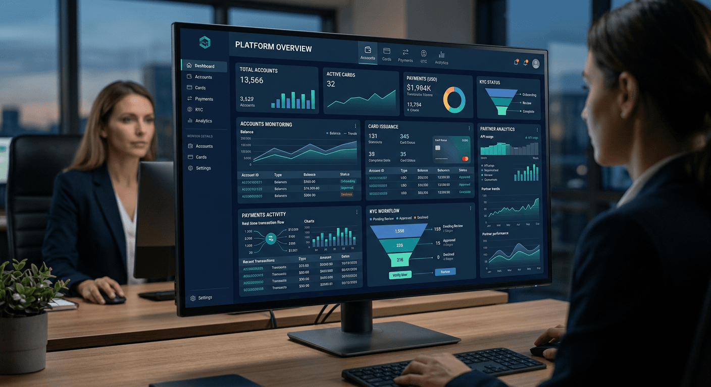 A banking-as-a-service API dashboard showing accounts, cards, payments and compliance workflows