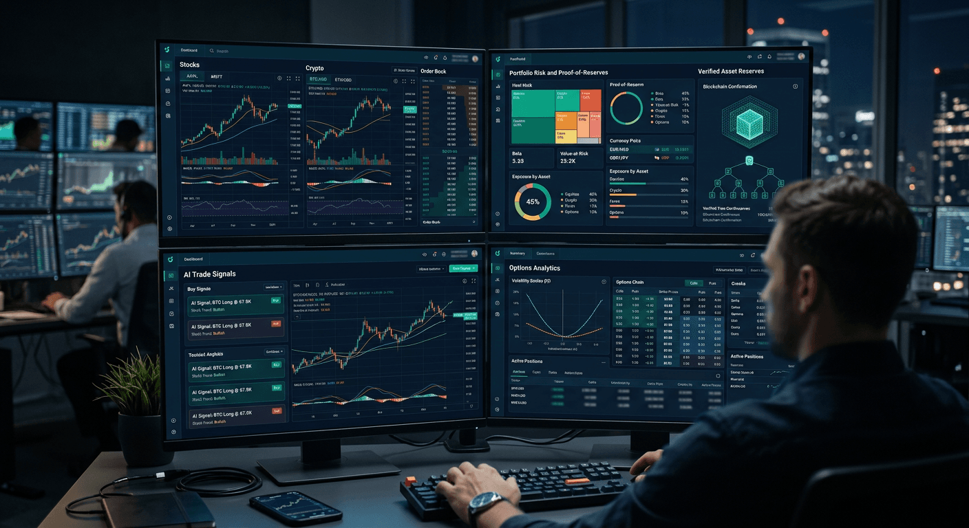 A multi-asset trading dashboard showing market analysis, signals and portfolio analytics