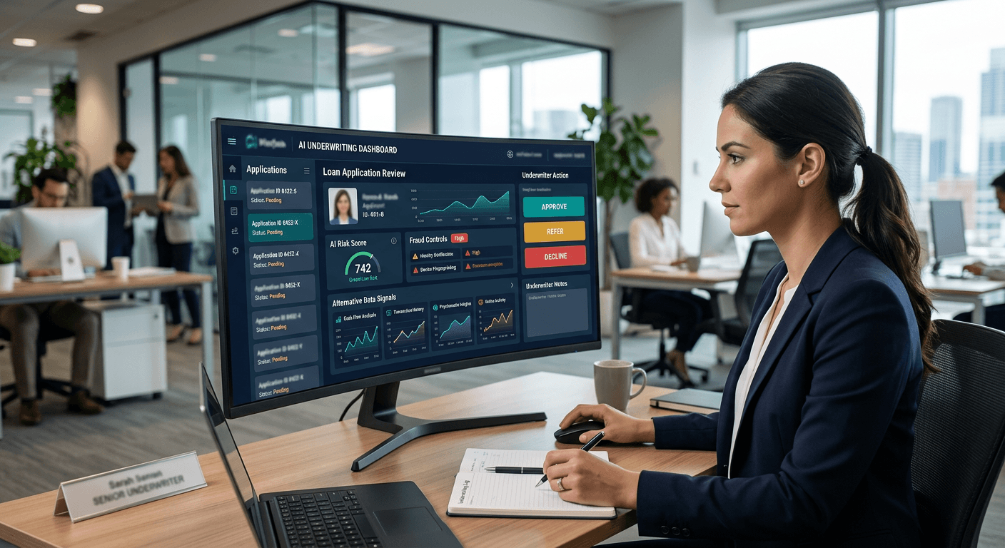 An AI underwriting dashboard showing alternative data signals and lending decisions