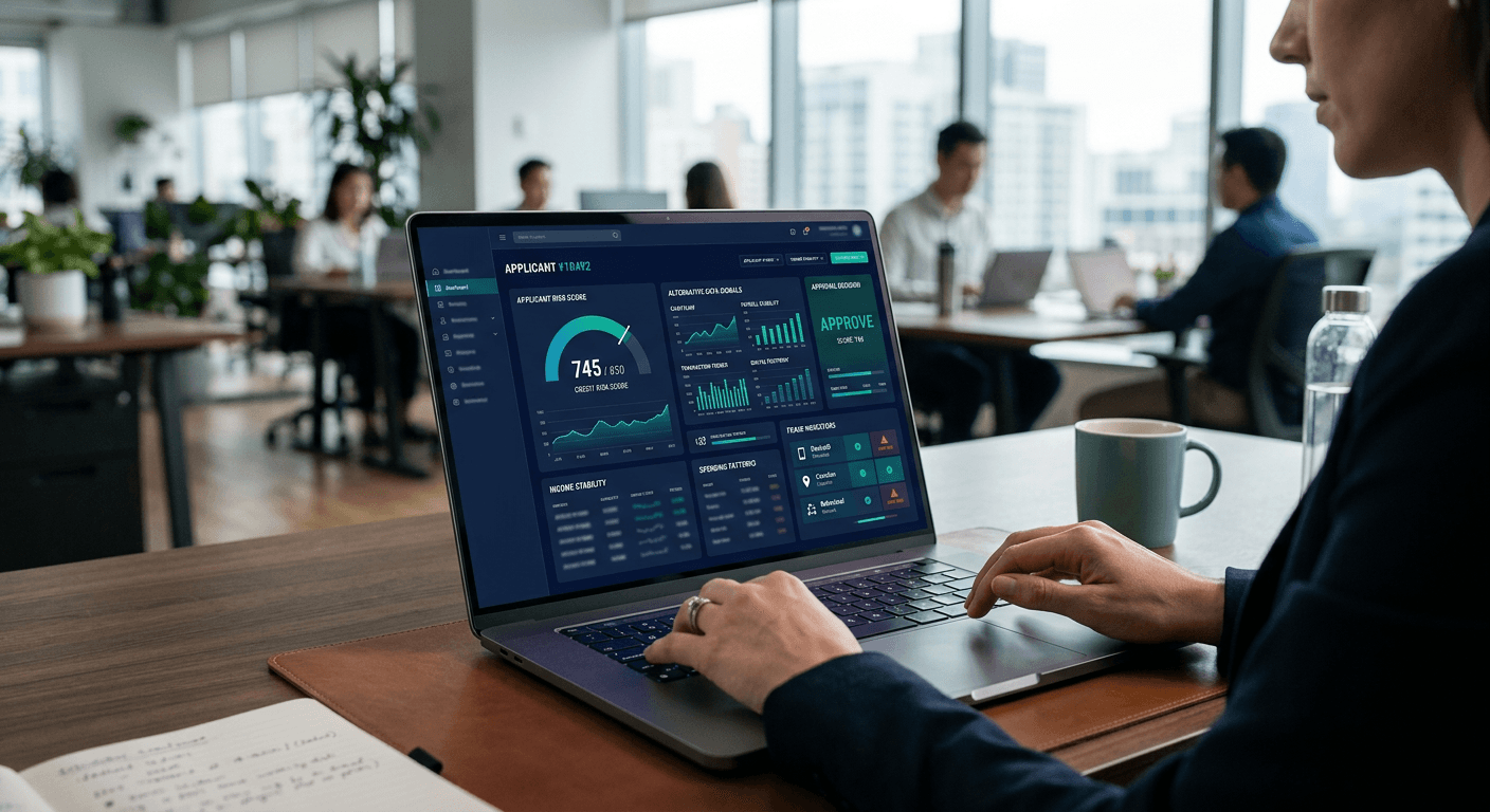 A fintech underwriting dashboard showing risk signals and an approval decision