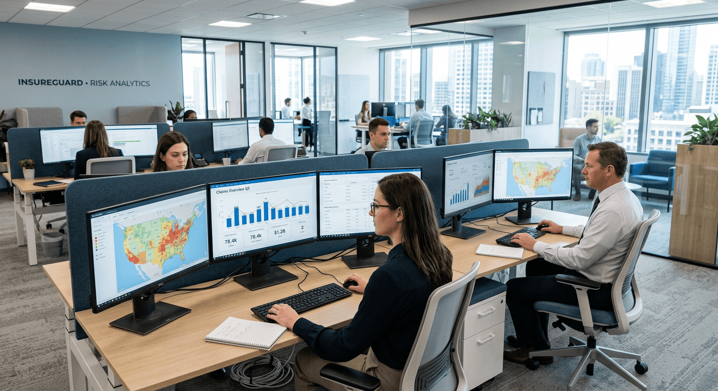 Insurance company employees reviewing claims and risk data on office monitors