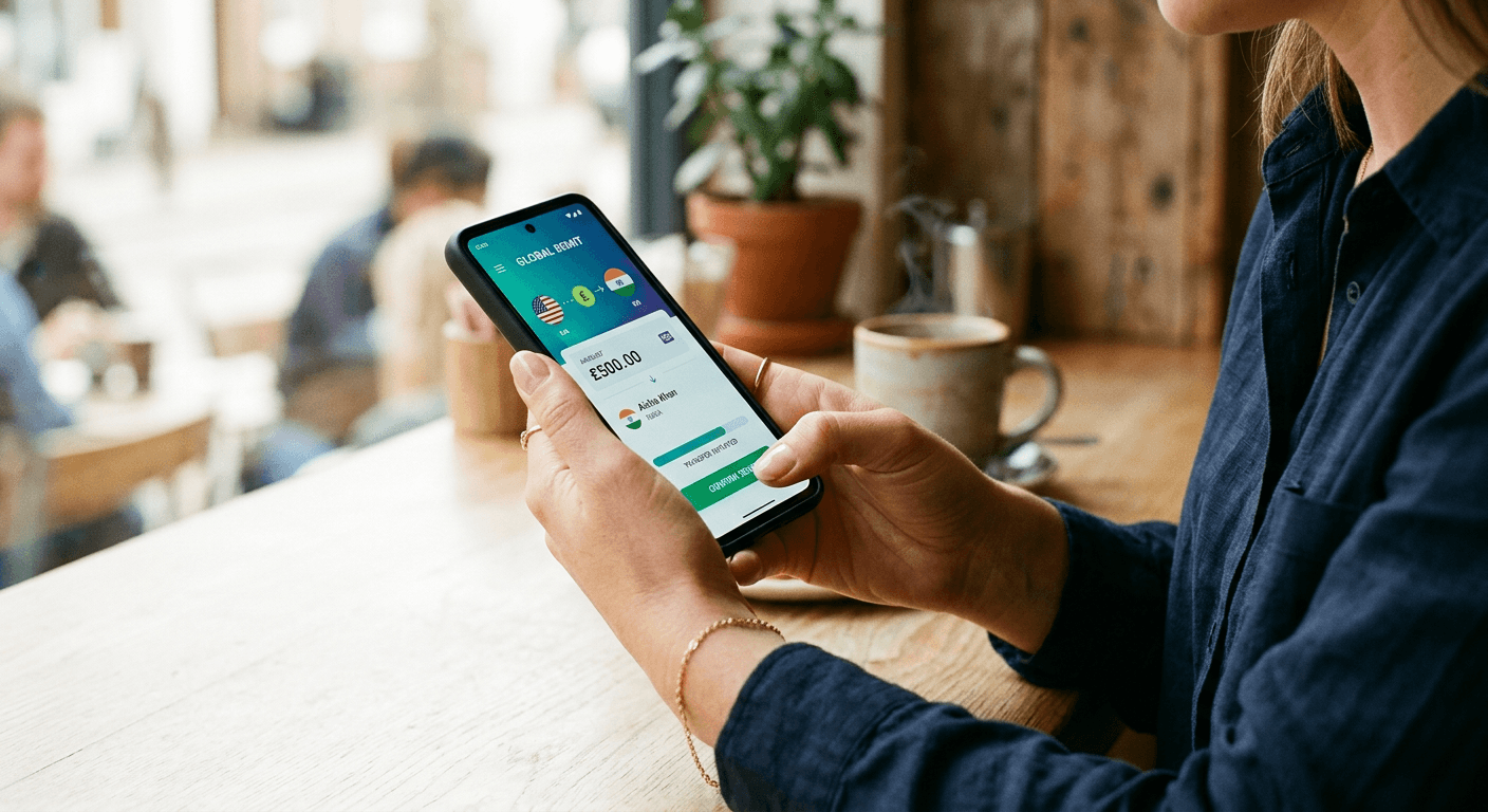 A person holding a smartphone displaying a money transfer app interface