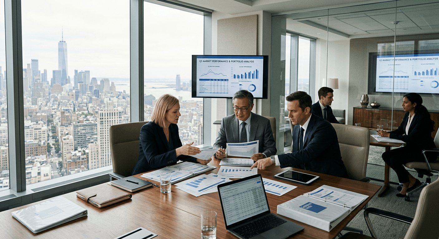 An investment banking meeting room with executives reviewing financial charts