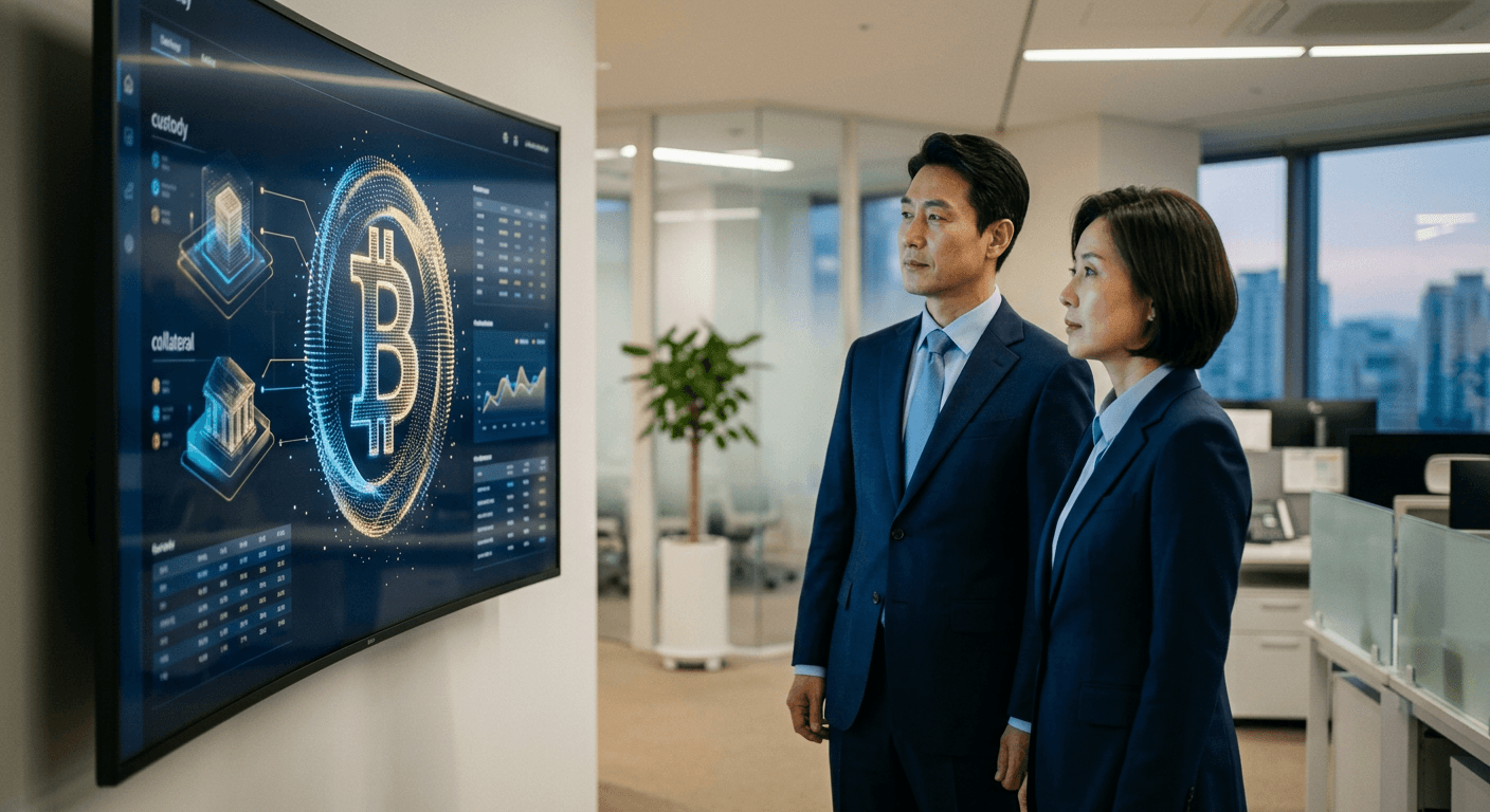 A Korean bank lending office reviewing a Bitcoin collateral custody dashboard